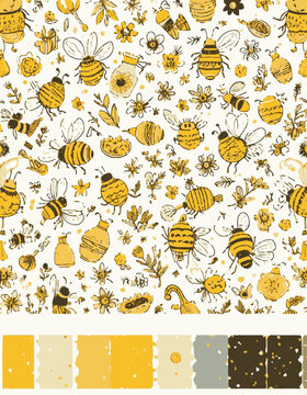 Cute bees wearing hats, honey, flowers and honeycombs and stars seamless colorful scribble cartoon pattern. Ready pattern examples in vector color swatch panel. Can be used for interior wallpaper, wra