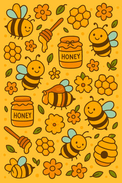 Cute bees wearing hats, honey, flowers and honeycombs and stars seamless colorful scribble cartoon pattern. Ready pattern examples in vector color swatch panel. Can be used for interior wallpaper, wra