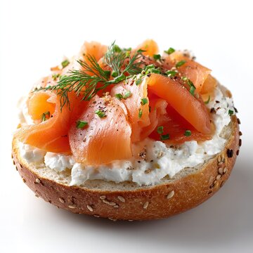 Fresh Bagel with Cream Cheese and Smoked Salmon Topping. Isolated on transparent background