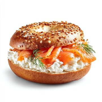 Fresh Bagel with Cream Cheese and Smoked Salmon Topping. Isolated on transparent background