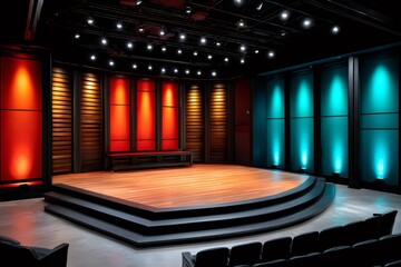 Aufkleber - Empty stage illuminated with red and teal lights awaits performers