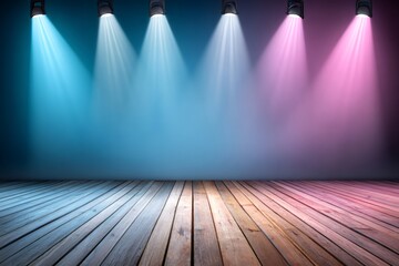 Poster - Spotlights illuminating wooden stage with blue and pink background