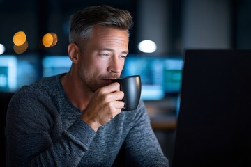 Poster - Businessman drinking coffee working late at night in office