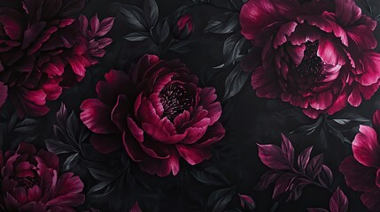 Dark crimson peony floral design on a dark background.