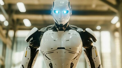 Poster - A robot stands in an indoor setting with its arms extended