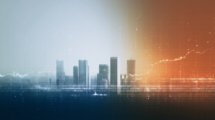Poster - City Skyline and Digital Data Visualization: A modern metropolis skyline is intertwined with a digital data stream, symbolizing growth, connectivity, and progress within a dynamic urban landscape.