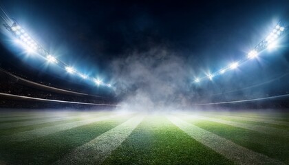 Wall Mural - powerful stadium lights illuminate an empty field covered in smoke creating a dramatic atmosphere at night