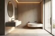 © LarisaM - A bathroom with a large mirror and a bathtub. The bathroom is very clean and well-lit