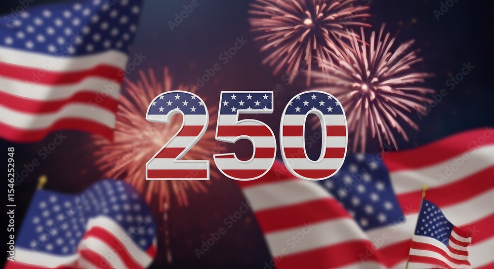 Patriotic display with American flags, fireworks, and the number 250 ...