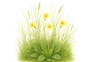 Poster - Vibrant yellow primroses emerging through lush green grass, backlit with transparent surroundings