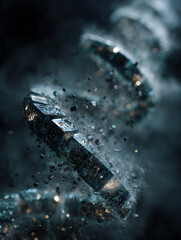 futuristic digital dna strand made of glowing metallic cubes with numbers, floating in dark smoky en