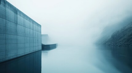 Poster - Serene Waterway with Concrete Structures Amidst Misty Fog and Calm Reflection