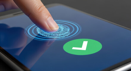 Poster - A finger presses on a smartphone screen for fingerprint authentication with a green checkmark symbolizing secure access and successful biometric identity verification