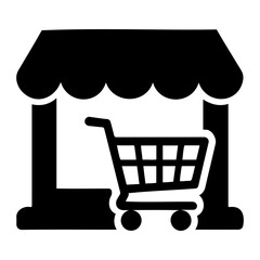 Poster - Illustration of a store front with a shopping cart in front of the entrance in black and white on transparent background