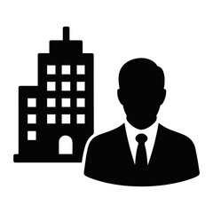 Poster - Silhouette of a businessman in a suit and tie standing next to a modern office building icon on transparent background
