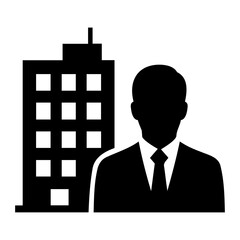 Poster - Silhouette of a businessman in suit and tie standing next to a building with windows icon on transparent background