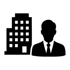 Poster - Silhouette of a building with multiple windows next to a silhouette of a business man on transparent background