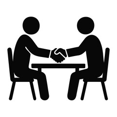 Poster - Two stick figures shaking hands across a table while seated in chairs in black and white style on transparent background