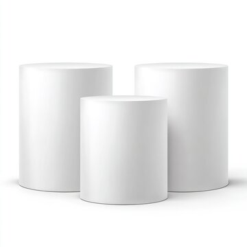 Three white cylindrical display podiums