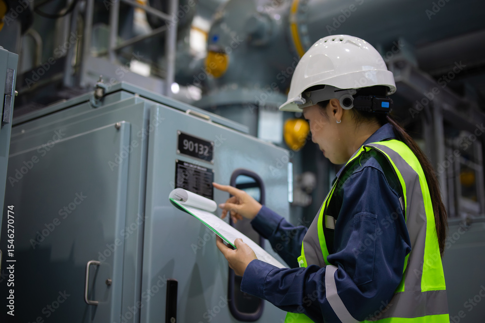 Substation engineer inspects gas insulated switchgear equipment ...