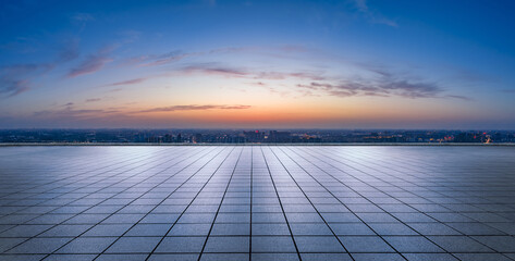 Wall Mural - empty square floor and city skyline with beautiful sky clouds at night