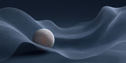 Aufkleber - Abstract rendering: Textured sphere nestled on a flowing, gridded surface evoking digital terrain