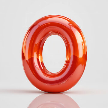 A shiny red letter o standing upright on a reflective white surface in a studio setting with soft lighting
