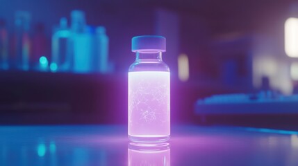 Poster - Glass vial with glowing purple liquid in a laboratory setting with vibrant lights