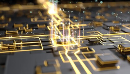 Poster - Abstract futuristic motherboard illustration with golden lines and geometric shapes