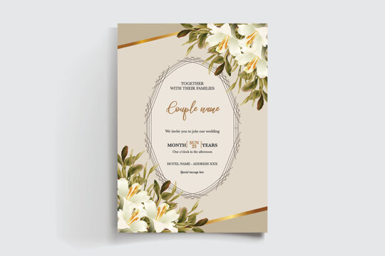 WEDDING INVITATION FRAME WITH FLOWER DECORATIONS AND FRESH LEAVES