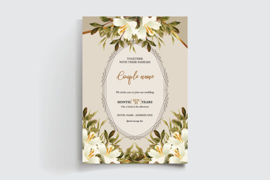 WEDDING INVITATION FRAME WITH FLOWER DECORATIONS AND FRESH LEAVES
