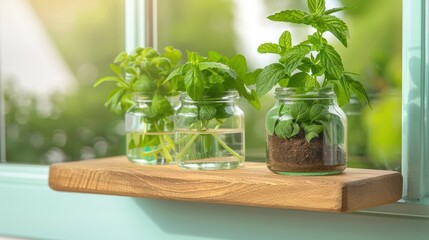 fresh mint plants displayed in jars on a sunny windowsill, offering a touch of greenery and natural 