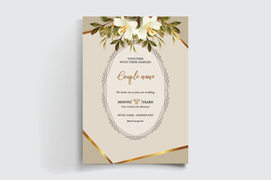 WEDDING INVITATION FRAME WITH FLOWER DECORATIONS AND FRESH LEAVES