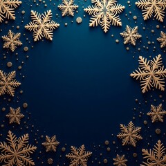 Poster - snowflake ornament arranged in a circle around an empty space on a dark blue background.
