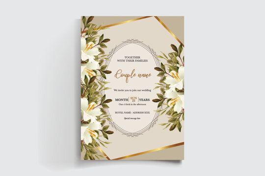 WEDDING INVITATION FRAME WITH FLOWER DECORATIONS AND FRESH LEAVES