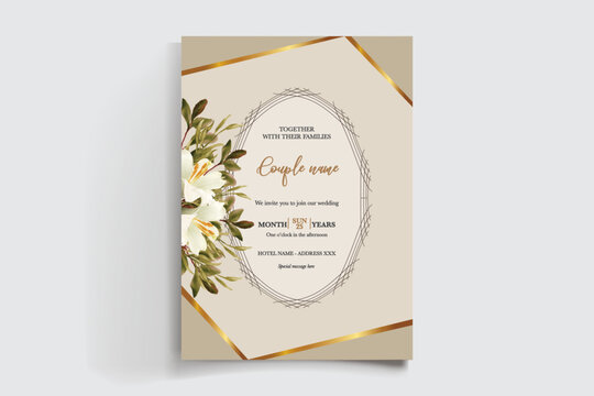 WEDDING INVITATION FRAME WITH FLOWER DECORATIONS AND FRESH LEAVES