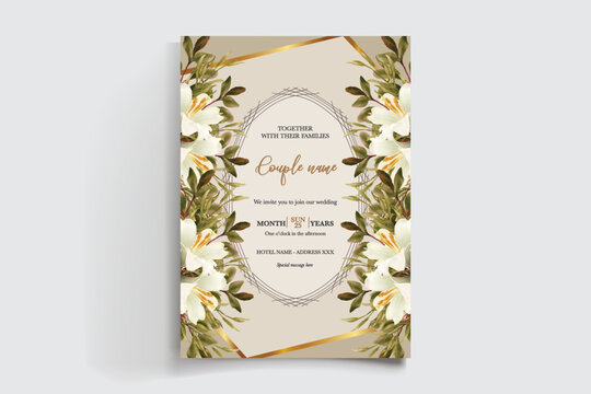 WEDDING INVITATION FRAME WITH FLOWER DECORATIONS AND FRESH LEAVES