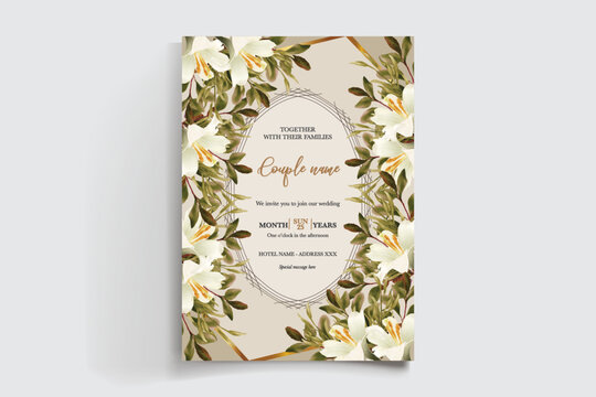 WEDDING INVITATION FRAME WITH FLOWER DECORATIONS AND FRESH LEAVES
