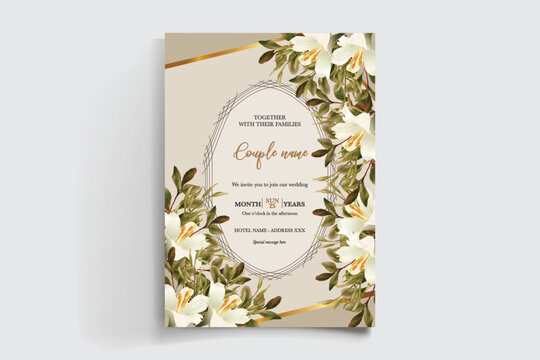 WEDDING INVITATION FRAME WITH FLOWER DECORATIONS AND FRESH LEAVES