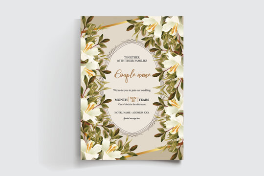 WEDDING INVITATION FRAME WITH FLOWER DECORATIONS AND FRESH LEAVES