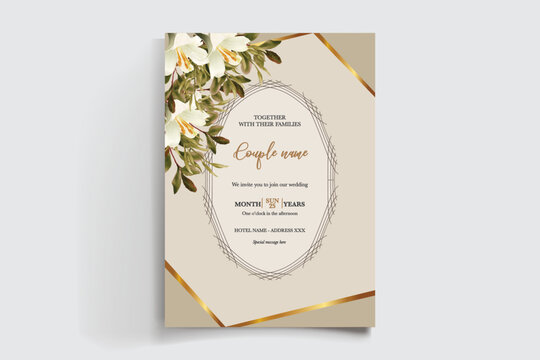 WEDDING INVITATION FRAME WITH FLOWER DECORATIONS AND FRESH LEAVES