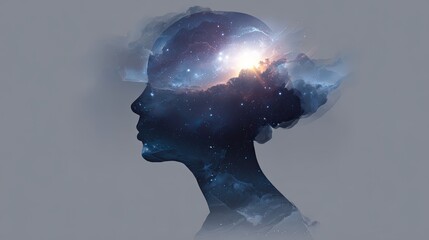 Wall Mural - Mysterious Womans Head Silhouette with Nebula Background