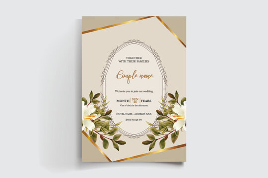 WEDDING INVITATION FRAME WITH FLOWER DECORATIONS AND FRESH LEAVES