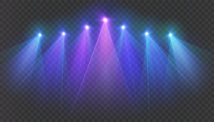 Poster - Stage spotlights with bright blue and purple beams on a transparent background. Suitable for shows, concerts, presentations and interfaces.