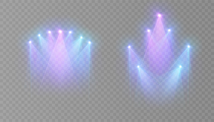 Aufkleber - Stage spotlights with bright blue and purple beams on a transparent background. Suitable for shows, concerts, presentations and interfaces.