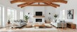 © Ampere - Modern farmhouse living room with white shiplap walls, exposed beams, and comfy sofas,  throw blankets,  elegant