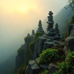 Poster - A serene landscape with stone cairns atop a mountain, shrouded in a misty atmosphere