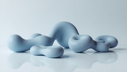 Fototapete - Abstract organic shapes in light blue on reflective surface, modern art concept