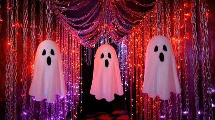 Poster - Hanging ghosts and chains in a dark hallway with flickering red and purple lights