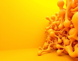 Poster - a chaotic and colorful 3d rendering of abstract fractal shapes in bright yellow tones, subject positioned on the right side under sunlit sparkle